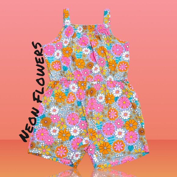 Anko Summer Romper Vintage Neon Flower Thin Strap Jumpsuit soft cotton Box neck - Picture 1 of 2